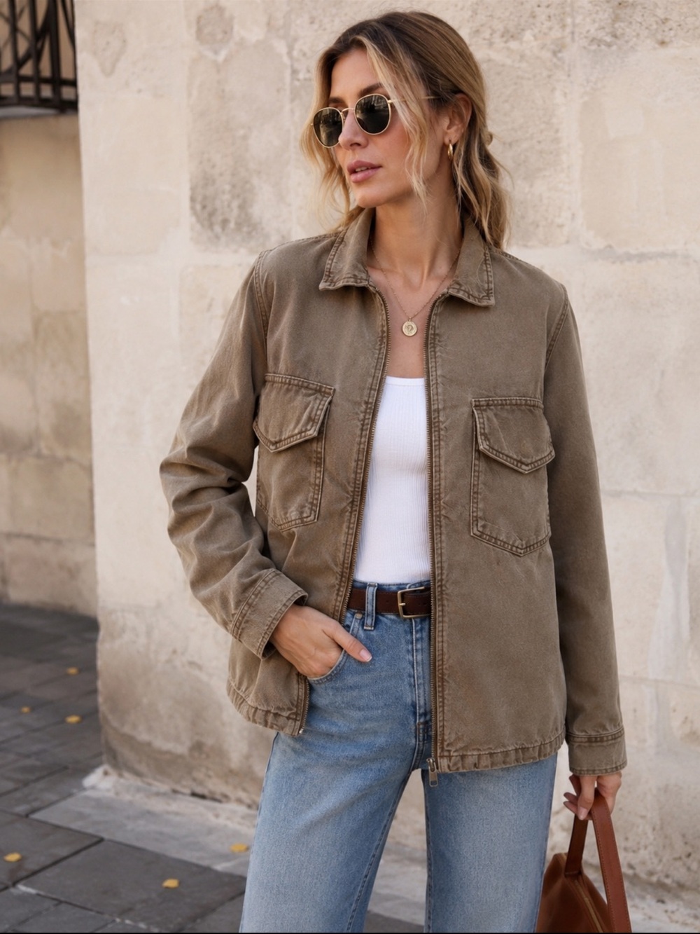 New,Zara- taupe utility zip front  shirt, (Shacket) . S
